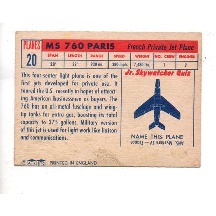 A & B.C. GUM PLANES 88 X 64mm 1958 No.20 MS 760 PARIS FRENCH PRIVATE JET PLANE