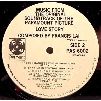 Love Story Original Soundtrack 1970 LP Vinyl Record Album Paramount PAS 6002
