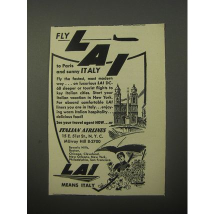 1956 LAI Italian Airlines Ad - Fly LAI to Paris and Sunny Italy