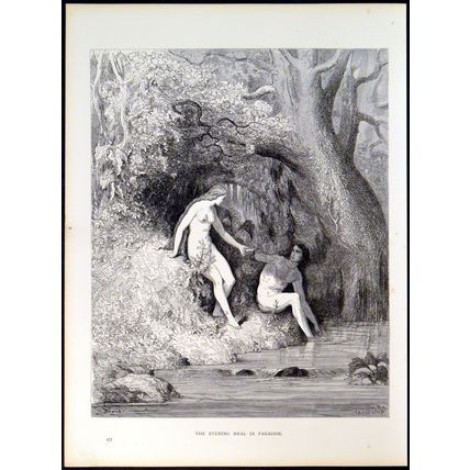 EVENING MEAL IN PARADISE 1885 Gustave Doré - John Milton ANTIQUE ENGRAVING
