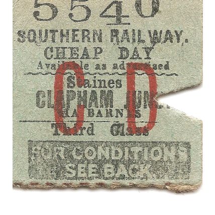 Southern Railway Edmondson Ticket - Staines to Clapham Junction via Barnes
