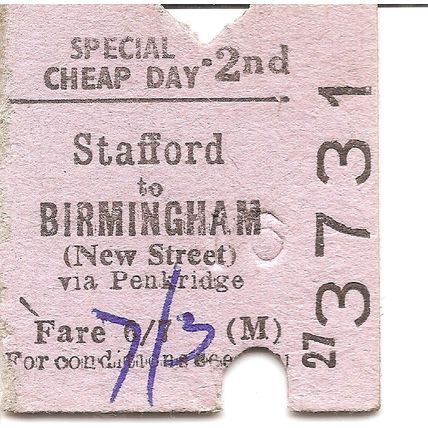 B.T.C. Edmondson Ticket - Stafford to Birmingham New Street via Penkridge