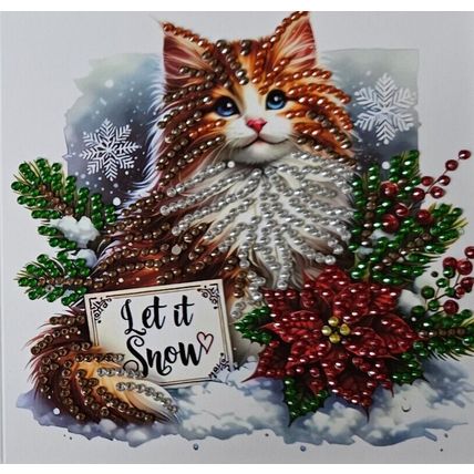 Handmade Diamond Art Christmas Card with Christmas Kitten Size 6" x 6"