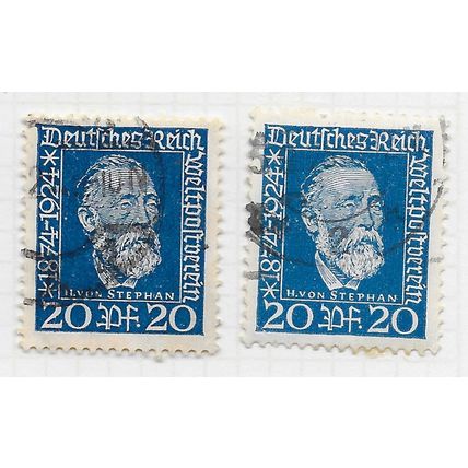 EMPIRE GERMANY 1924 HEINRICH VON STEPHAN FOUNDER UPU 20Pf Mi 369 x2 SHADES