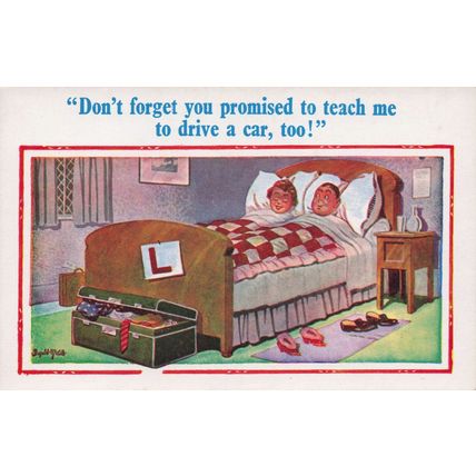 Lovers Honeymoon Hotel Suite Learner Car Driver Comic Old Postcard
