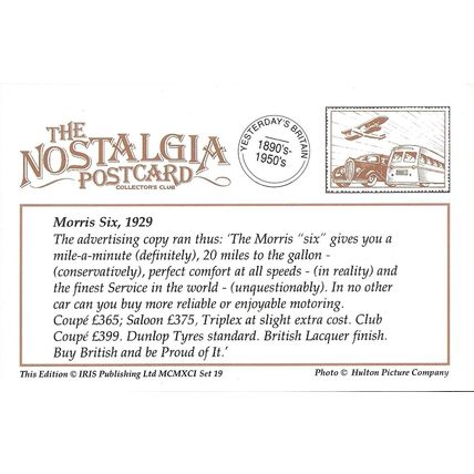 Postcard British Morris Six Motor Car 1929 Advert Nostalgia