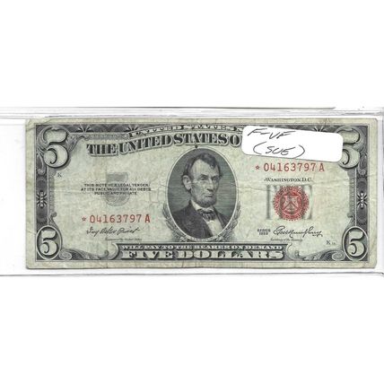 1953 US $5.00 Red Seal $5.00 Bill STAR NOTE! VF