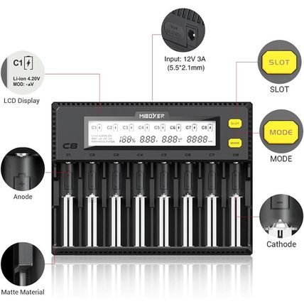 Miboxer 18650 Battery Charger, 8-Bay Smart Charger with Automatic LCD Display, F