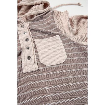 Gray Textured Knit Colorblock Striped Henley Hooded Top