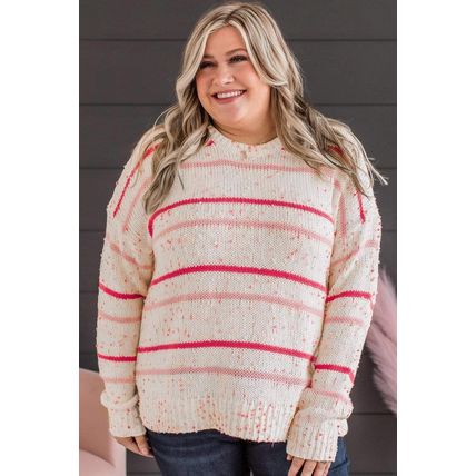 Pink Stripe Drop Shoulder Side Split Plus Size Sweater
