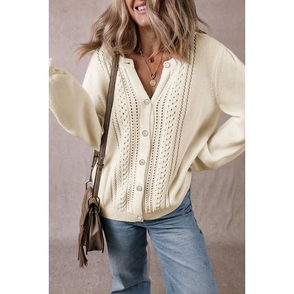 Apricot Pleated Sleeve Hollow Detail Button Sweater Cardigan