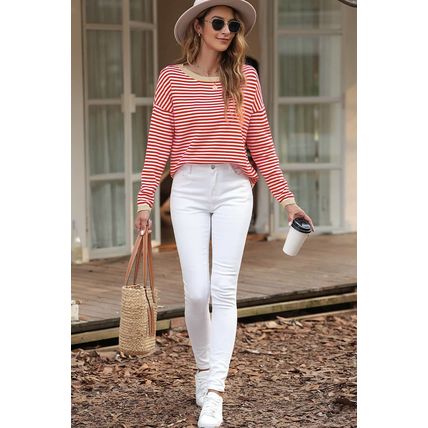 Fiery Red Contrast Trimmed Striped Drop Shoulder Sweater