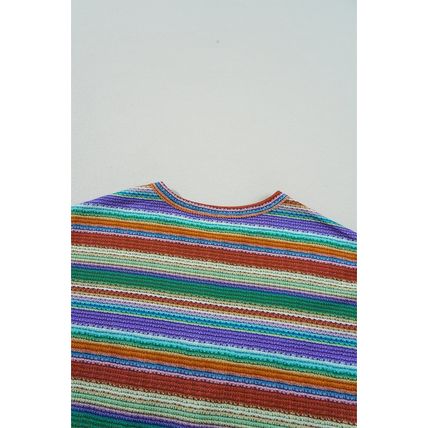 Multicolour Striped Pattern Twist Hem Short Sleeve Top
