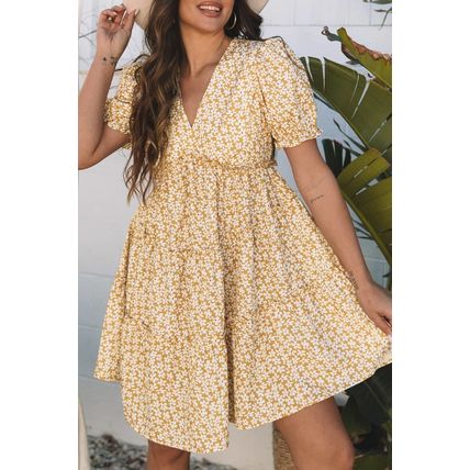 Yellow Floral Short Sleeve V Neck Frilly Tiered Mini Dress