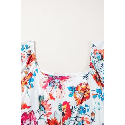 White Floral Square Neck Puff Sleeve Flowy Plus Size Midi Dress
