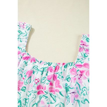 White Floral Print Ric-rac Trim Square Neck Plus Size Mini Dress