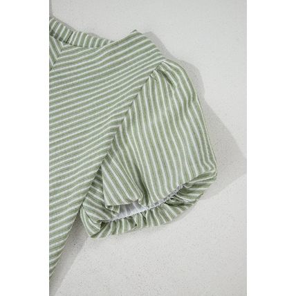 Green Stripe Textured Round Neck Short Puff Sleeve Blouse