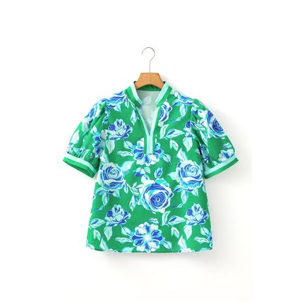 Bright Green Rose Floral Print Puff Short Sleeve Summer Blouse