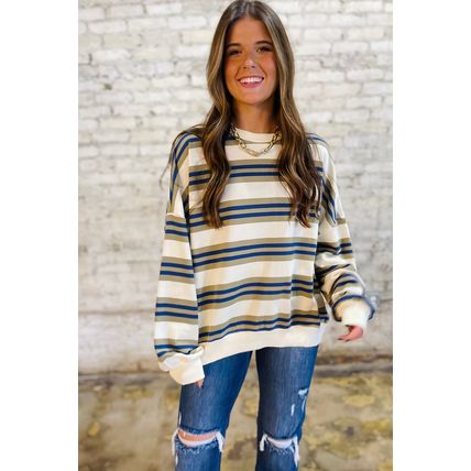 Khaki Stripe Crew Neck Drop Shoulder Pullover Sweatshirt