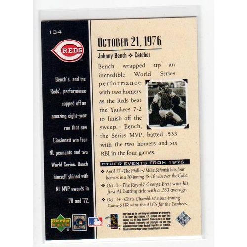 1999 Upper Deck Century Legends Johnny Bench card #134 – HOF Reds