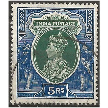 India 1937 SG261 5 Rupees Green & Blue Fine Used . .. .