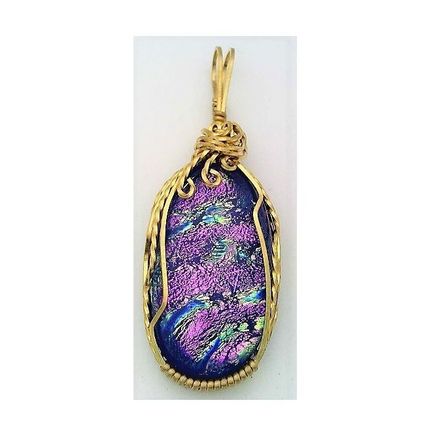 Pink Blue Dichroic Glass Brass Wire Wrap Pendant 5