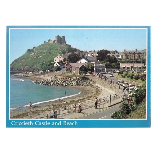 CRICCIETH CASTLE AND BEACH, GWYNEDD, WALES ..unused vintage postcard =