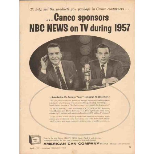 AMERICAN CAN COMPANY 1957 Canco sponsors Huntley Brinkley vintage ad
