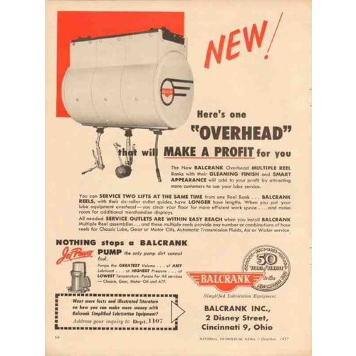 BALCRANK INC 1957 Overhead profit oil lubrication equipment vintage ad
