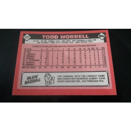 1986 Topps Traded Card # 127T Todd Worrell Excellent (5) St Louis Cardinals
