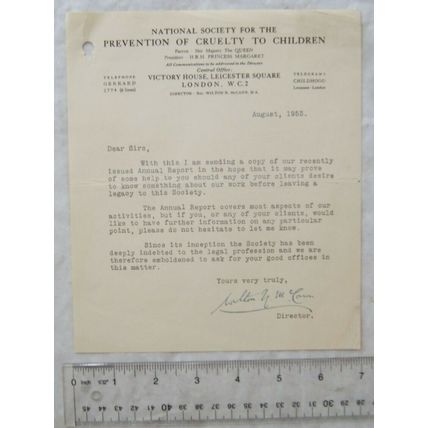 1953 letter National Society for the Prevention of Cruelty to Children
