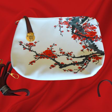 Cherry Blossom Cross Body Bag & Coin Purse Set Burgundy White Black