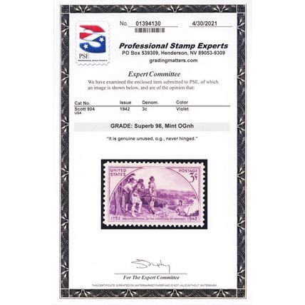904, Mint NH 3¢ Superb - With PSE Graded 98 Certificate - Stuart Katz