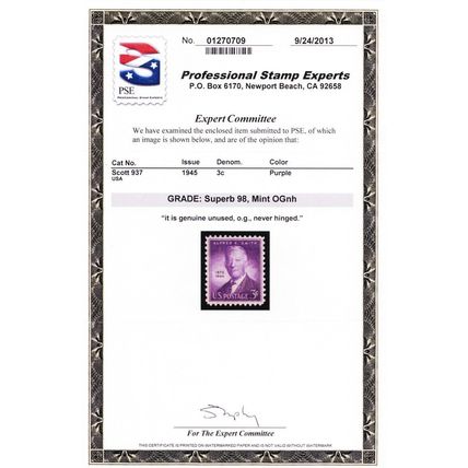 937, Mint NH 3¢ Superb - With PSE Graded 98 Certificate - Stuart Katz