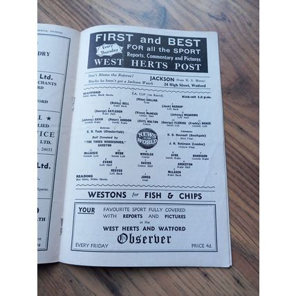 1958/59 Watford vs Reading - Division 3(S), 15/11/1958 * FREE P&P *