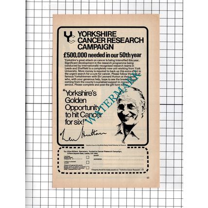 Yorkshire Cancer Research Campaign Len Hutton Small Advert - 1976 Cutting