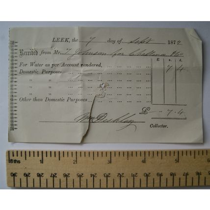 1872 receipt for water, Leek - Johnson for Challinor & Co.