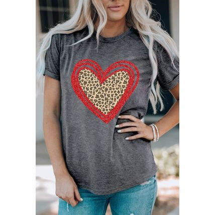 Gray Sequin Leopard Heart Graphic T-shirt