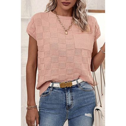 Dusty Pink Lattice Textured Knit Short Sleeve Sweater