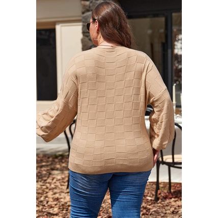 Light French Beige Solid Checkered Textured Knit Plus Size Sweater