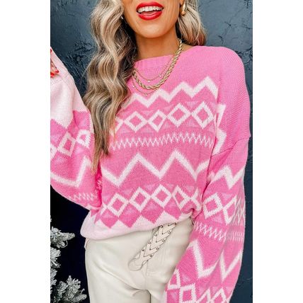 Pink Western Aztec Geometric Drop Shoulder Sweater