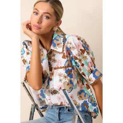 Multicolour Floral Print Ricrac Trim Collared Puff Short Sleeve Shirt