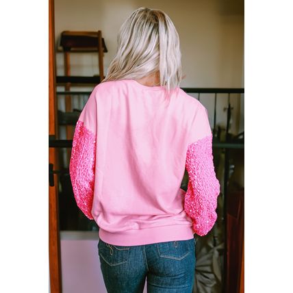 Pink Sequin Bunny Doll Contrast Long Sleeve Patchwork Top