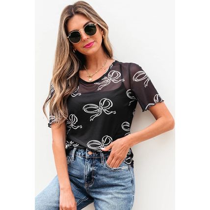 Black Bow Printed Mesh Short Sleeve Top