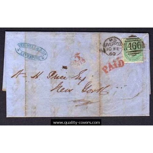 Great Britain GB #28b to USA 1860 Cat $425 Deep Green