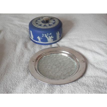 ANTIQUE Wheel Round Of Cheese EPNS Platter With Domed Jasperware Wedgwood Cover