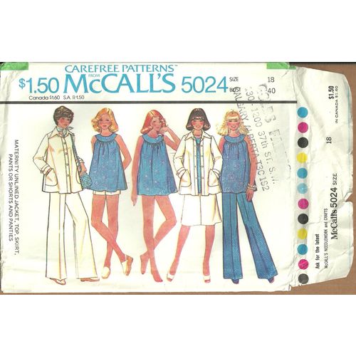 McCalls 5024 Sewing Pattern Maternity Jacket Top Skirt Pants Short Size 18 Uncut