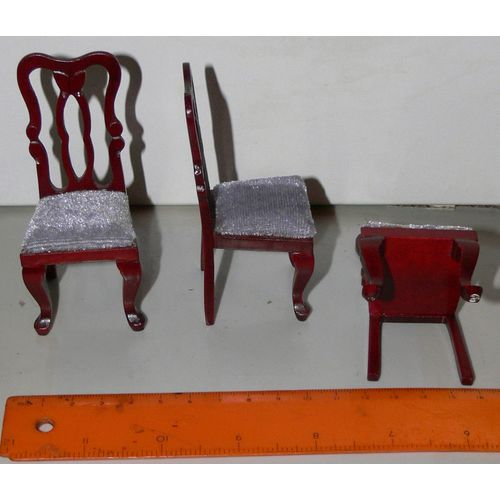 3 x 1:12th Doll Dollshouse Georgian Chairs with Grey Silver Seat Cushions