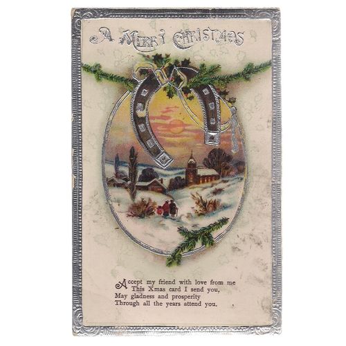 MERRY CHRISTMAS unused vintage postcard snow scene horseshoe
