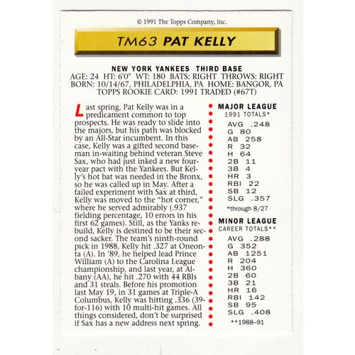 1991 Topps Magazine baseball TM63 Pat Kelly insert card –NM- Yankees